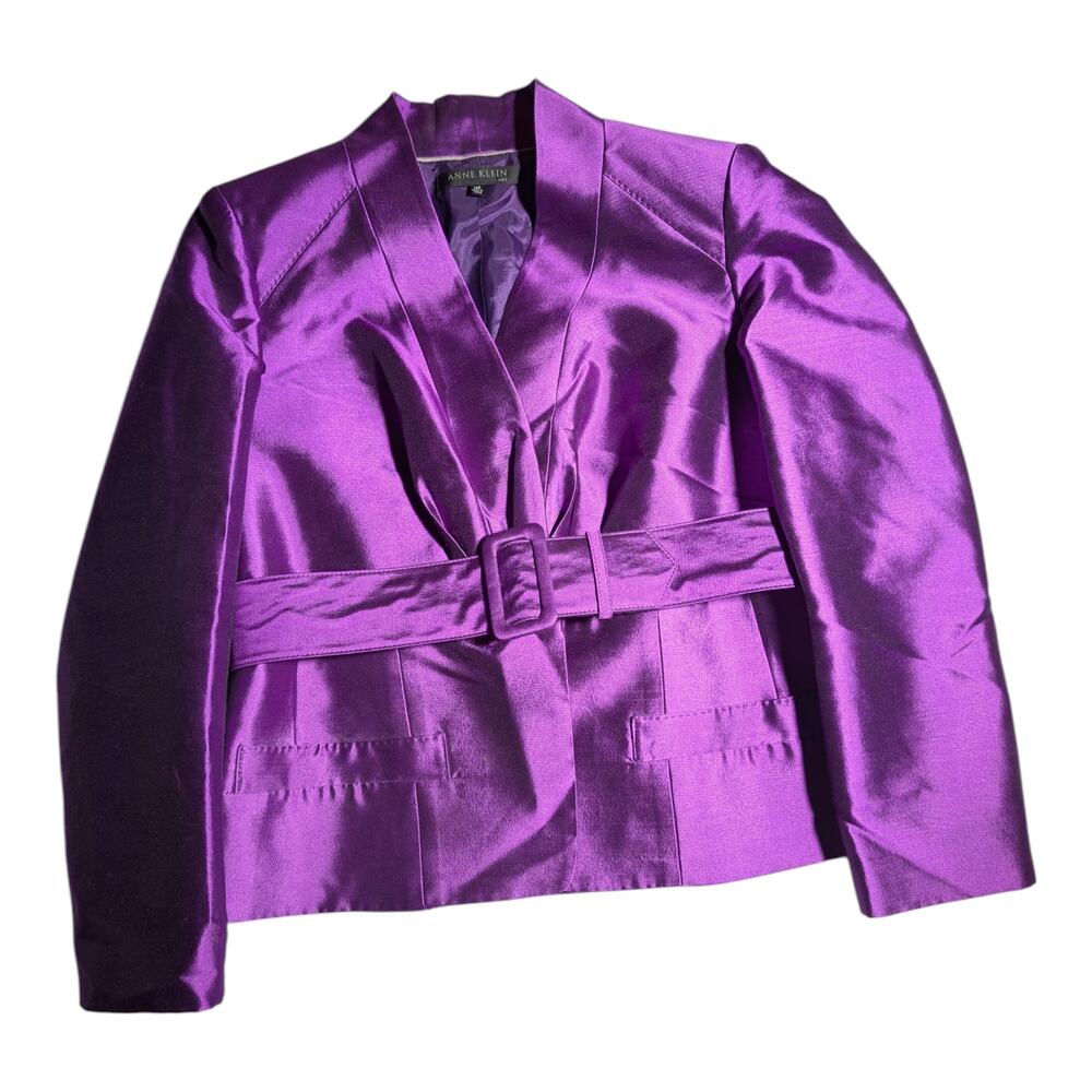 Vtg 1990s Anne Klein Purple Wool Silk Removable Belt Blazer Jacket 12 Petite